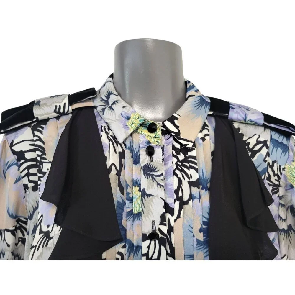 Coach Kaffe Fassett Floral Ruffle Blouse Pleated Bib Button Front Top